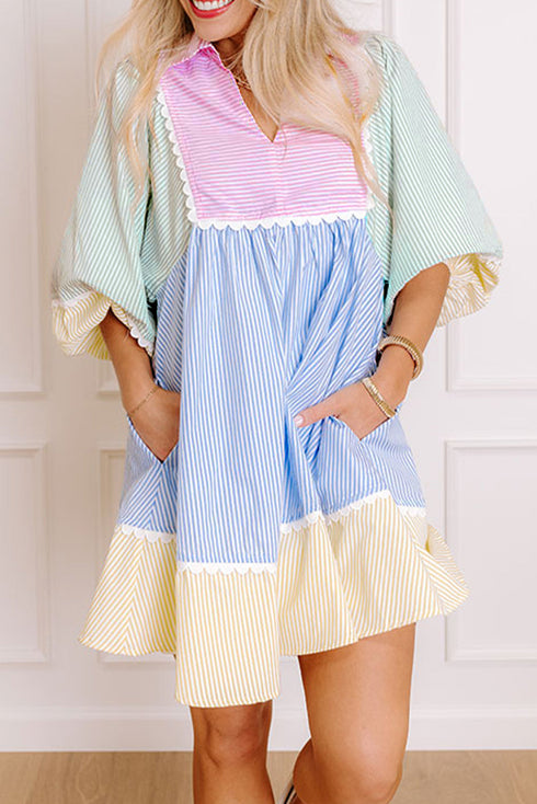 Multicolour Striped Patchwork Ric Rac Puff Sleeve Collared Mini Dress